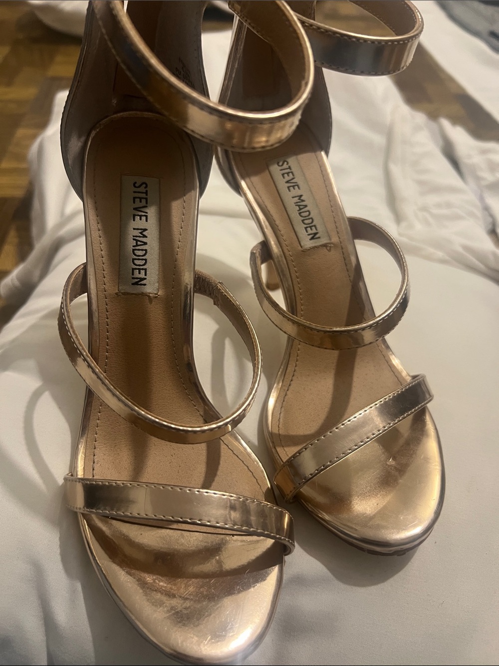 Steve Madden Metallic Rose Gold Strappy Block Heels